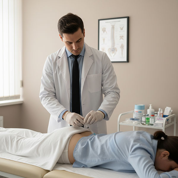 Photorealistic scene of a doctor performing a diagnostic low back injection in a clinic.
